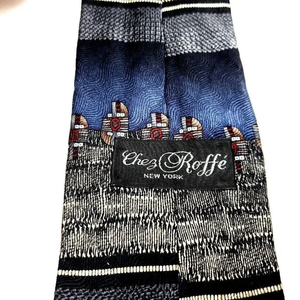 Chez Roffe Silk Tie Print Gray Blue Wide‎